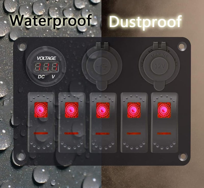 Garfour Red 5 Gang Marine Switch Panel - Waterproof Boat Switch Panel with 3.1A Dual USB, LED Voltmeter & Cigarette Lighter Socket for Boats, Trucks, RVs, SUVs - Image 2